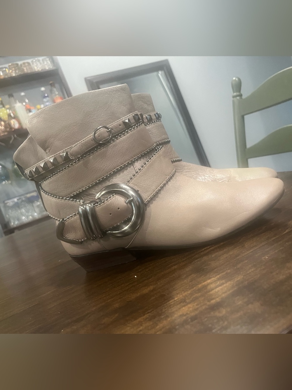 Dolce Vita Taupe Leather Studded Buckle Ankle Boots